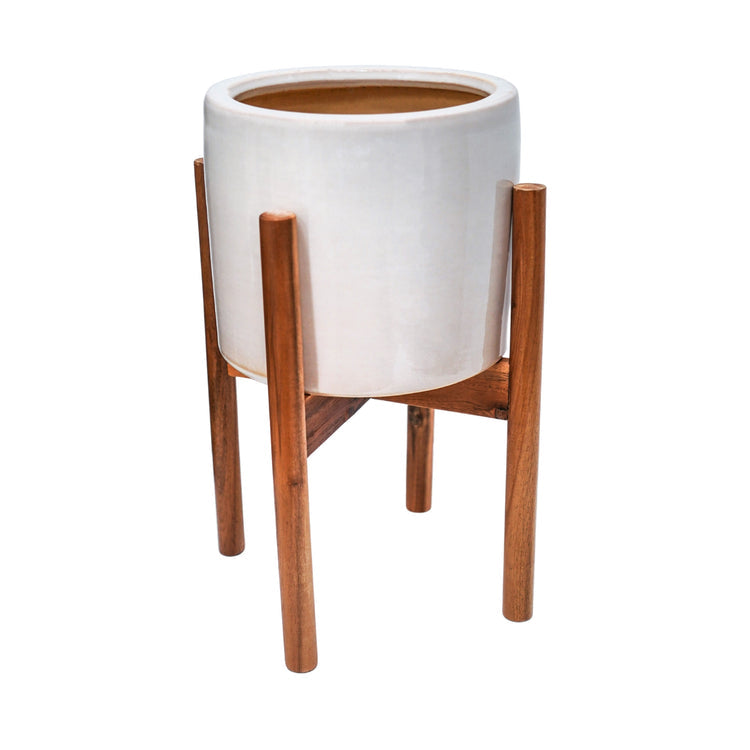 Contemporary Ceramic Plant Pot with Wooden Stand