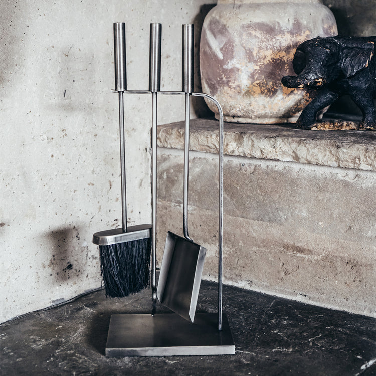 Contemporary Metal Fireplace Tool Set with 3 Pieces and Stand