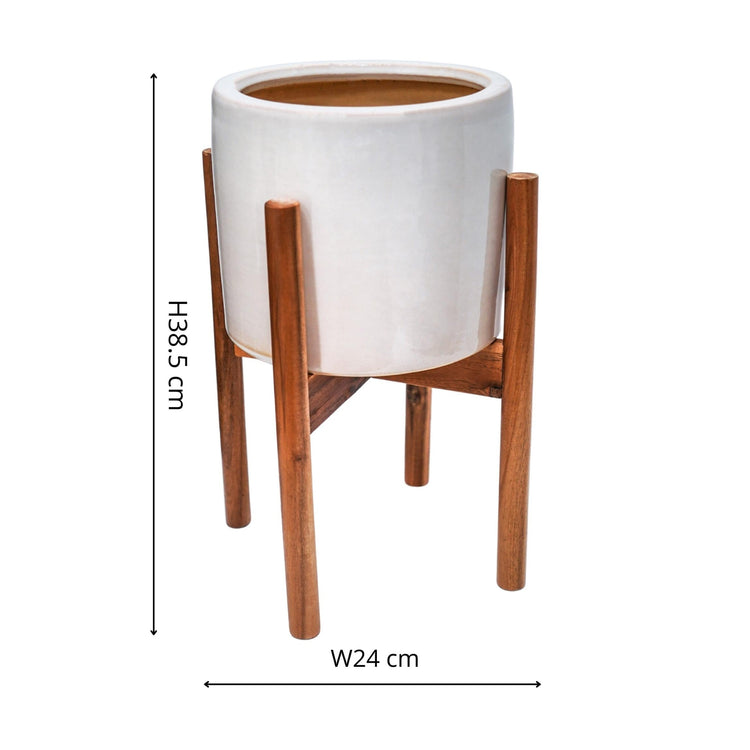 Contemporary Ceramic Plant Pot with Wooden Stand