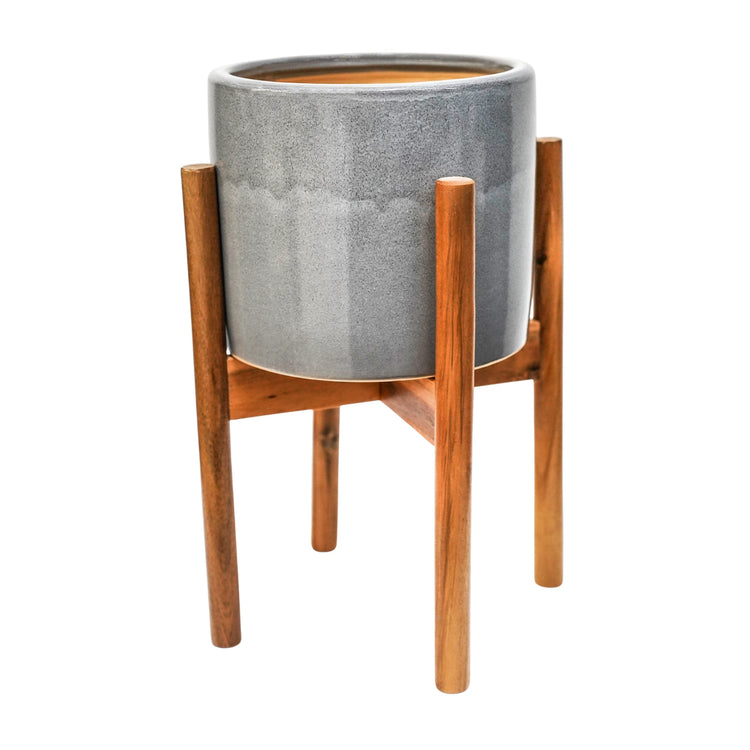 Contemporary Ceramic Plant Pot with Wooden Stand