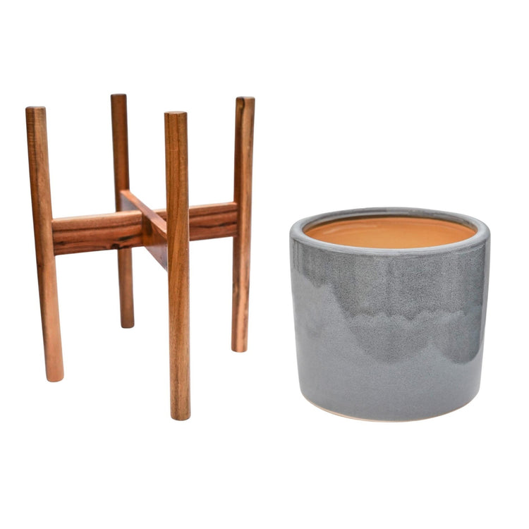 Contemporary Ceramic Plant Pot with Wooden Stand