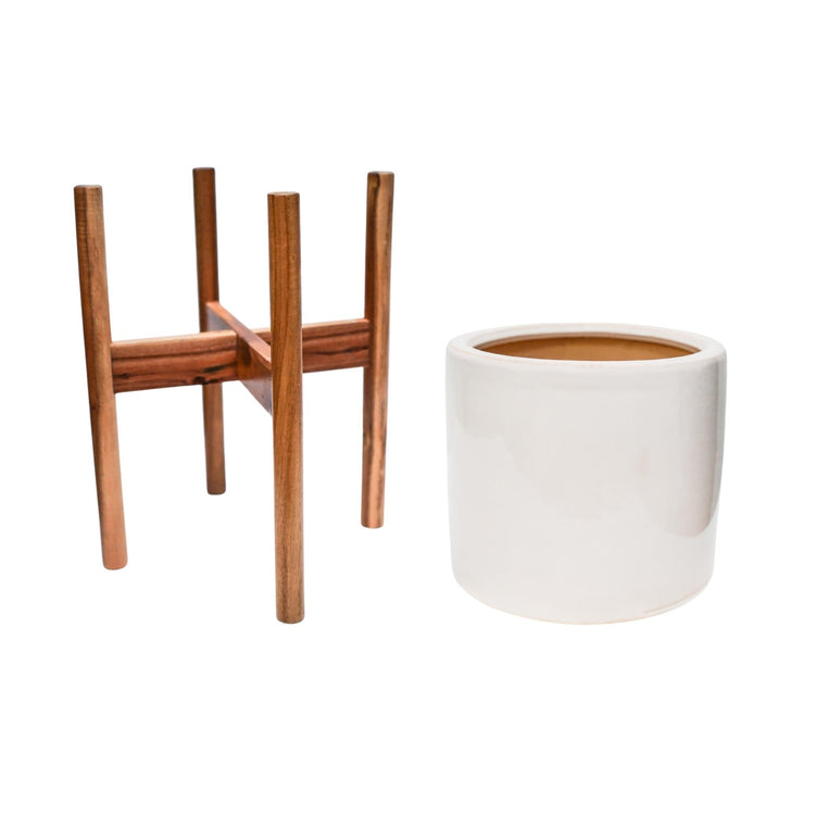 Contemporary Ceramic Plant Pot with Wooden Stand