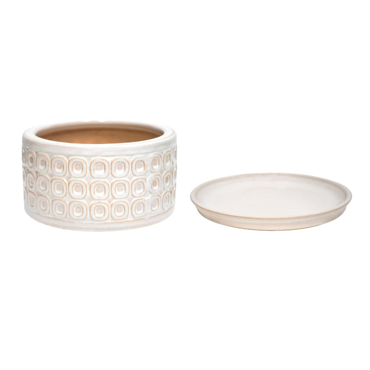 Patterned Low Ceramic Indoor Plant Pot with Matching Saucer
