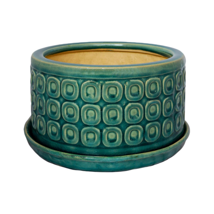 Patterned Low Ceramic Indoor Plant Pot with Matching Saucer