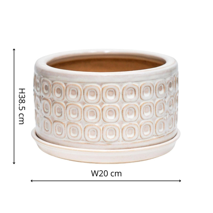 Patterned Low Ceramic Indoor Plant Pot with Matching Saucer