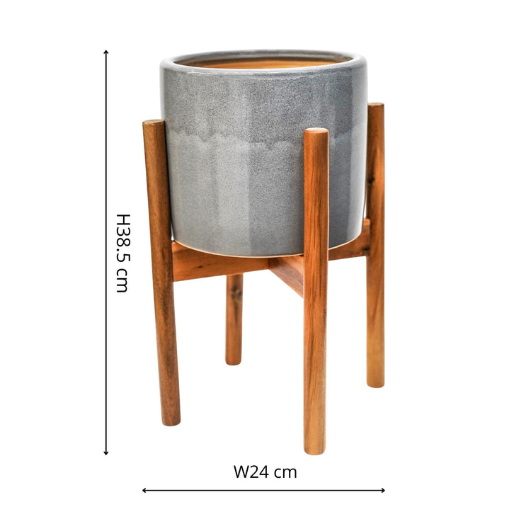 Contemporary Ceramic Plant Pot with Wooden Stand