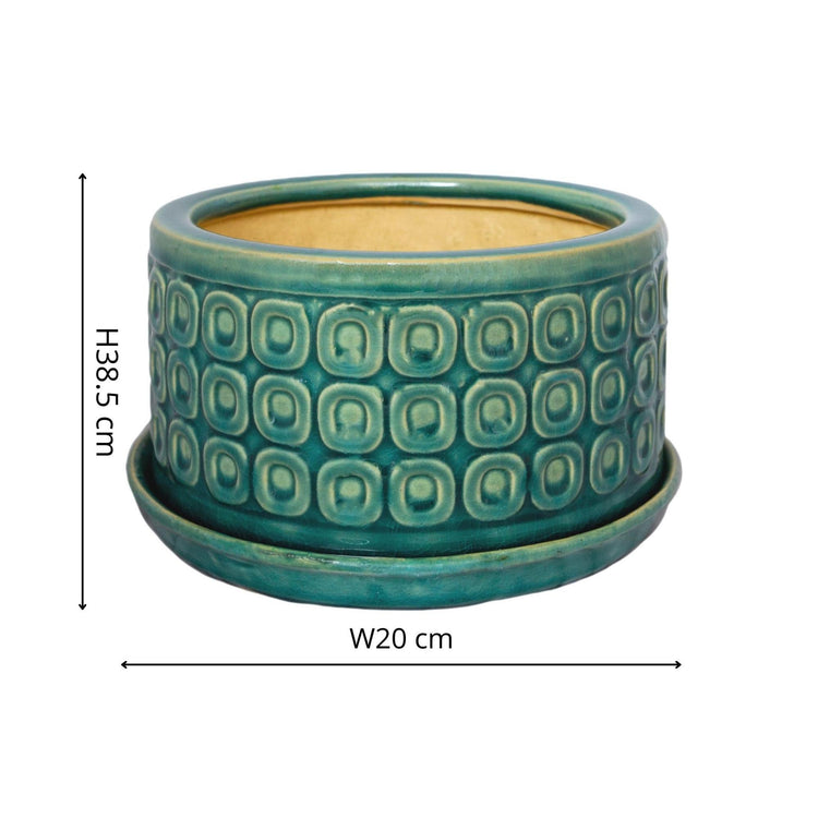 Patterned Low Ceramic Indoor Plant Pot with Matching Saucer